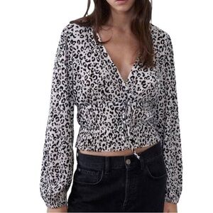 Zara Leopard Print Wrap Front V-Neck Pleated Top S